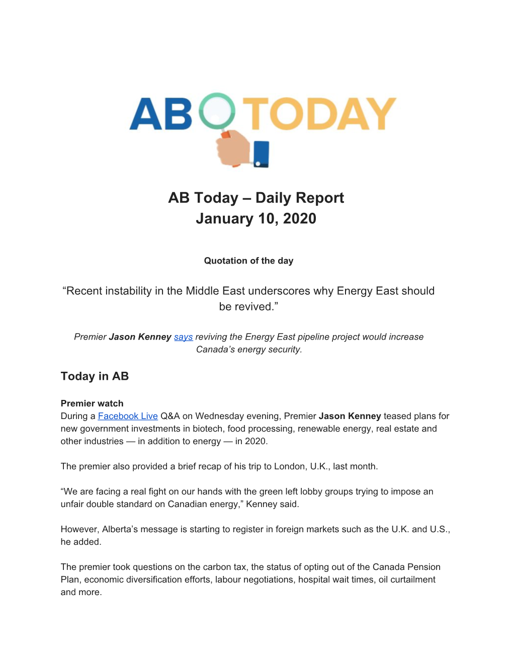 AB Today – Daily Report January 10, 2020