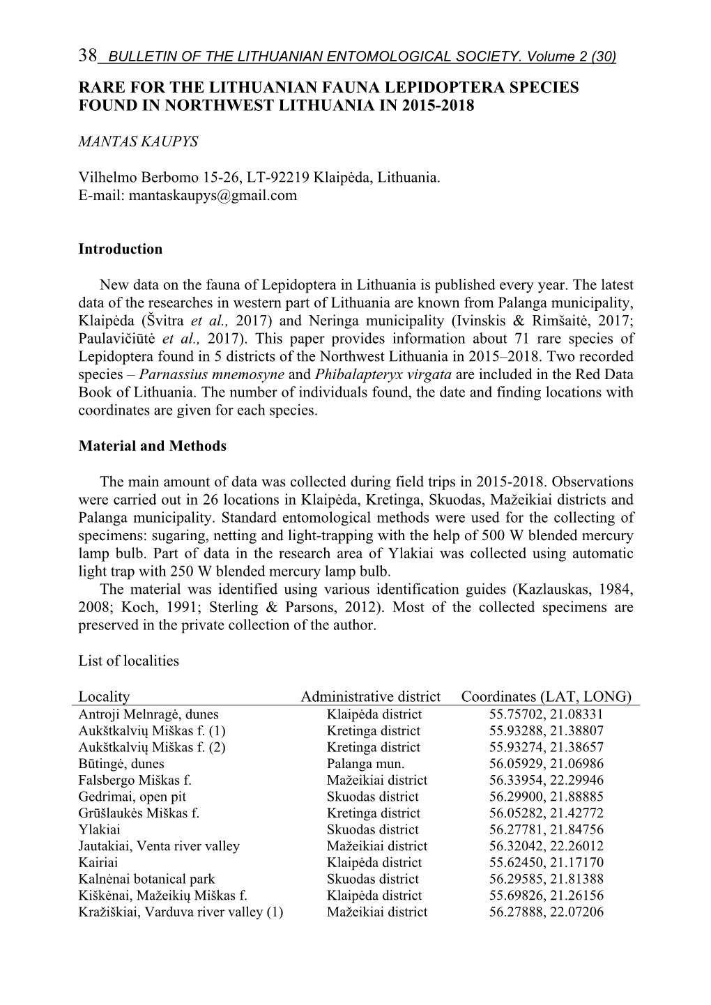 Rare for the Lithuanian Fauna Lepidoptera Species Found in Northwest Lithuania in 2015-2018