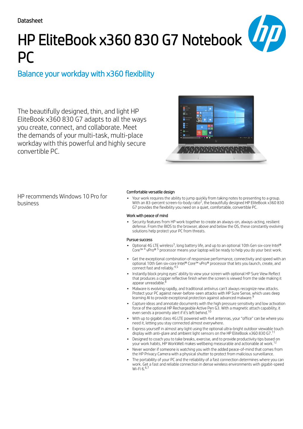 HP Elitebook X360 830 G7 Notebook PC Balance Your Workday with X360 Flexibility