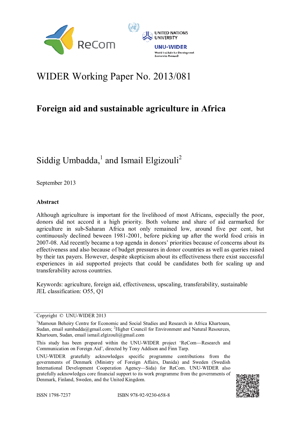 WIDER Working Paper No. 2013/081 Foreign Aid and Sustainable Agriculture in Africa