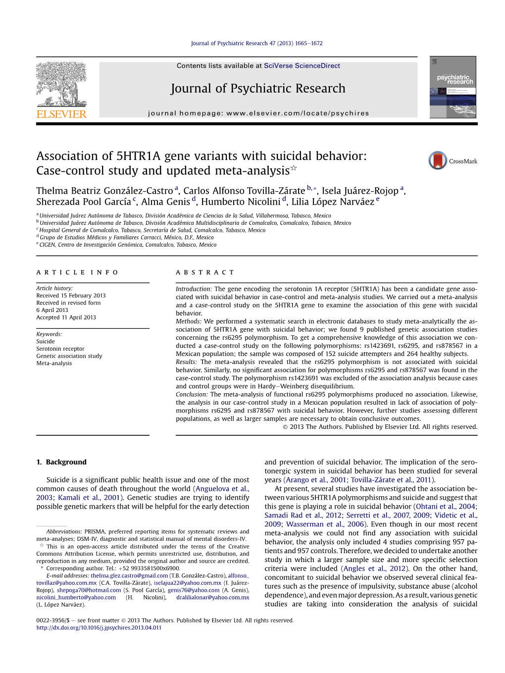 Association of 5HTR1A Gene Variants with Suicidal Behavior: Case-Control Study and Updated Meta-Analysisq