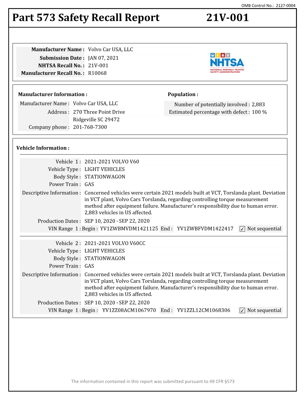 Part 573 Safety Recall Report 21V-001