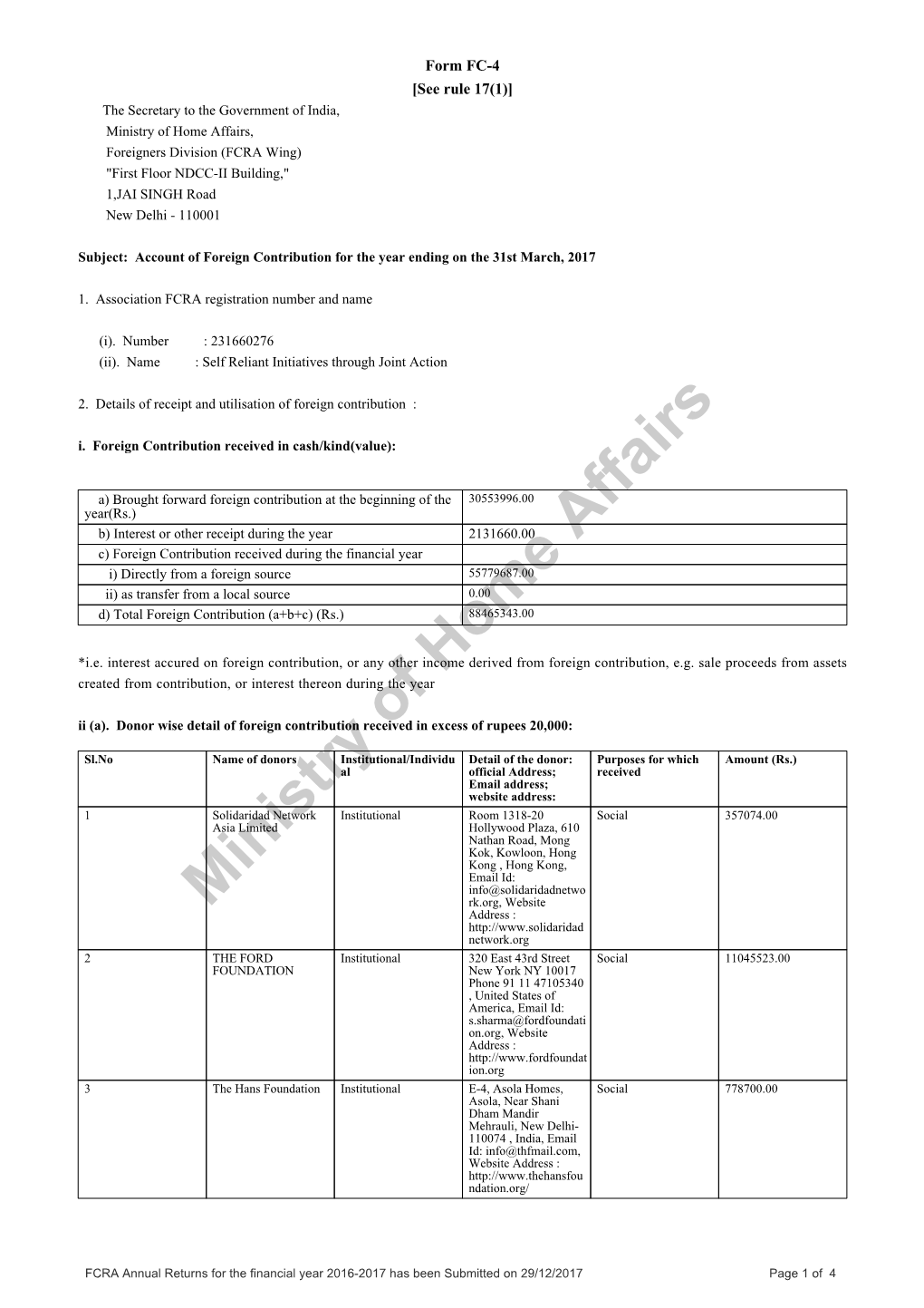 FC-4 Annual FCRA Return FY 2016-17