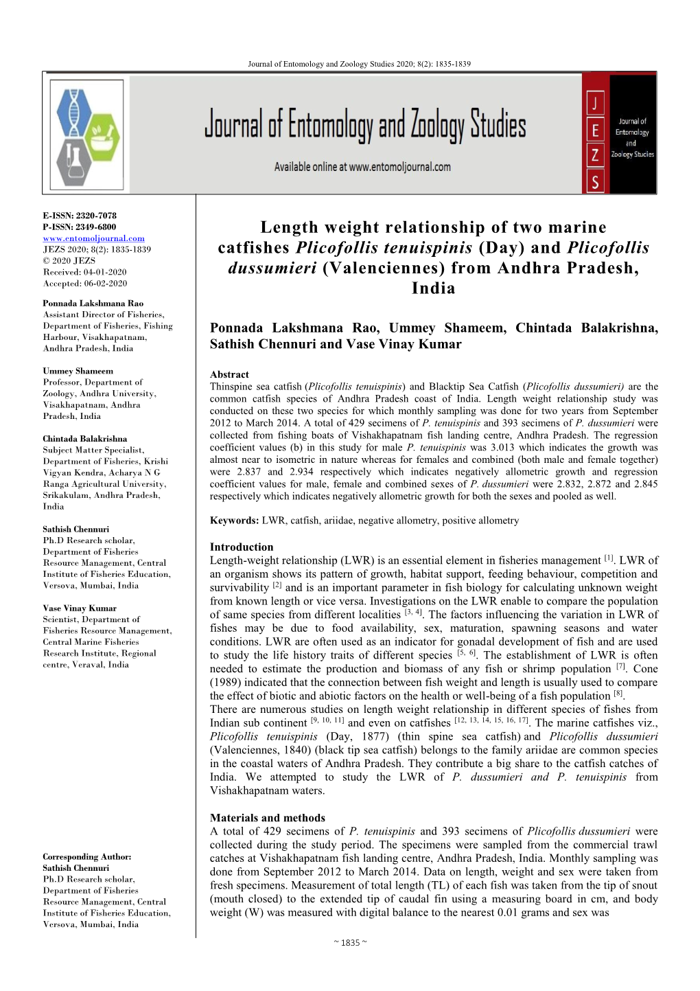 Length Weight Relationship of Two Marine Catfishes Plicofollis Tenuispinis