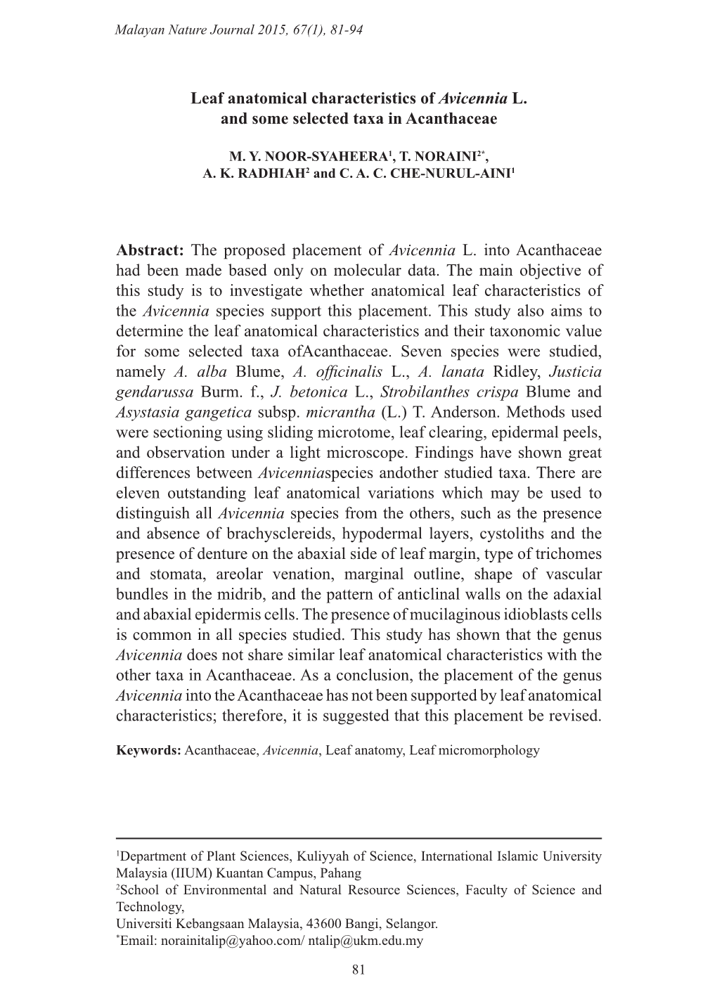 Leaf Anatomical Characteristics of Avicennia L