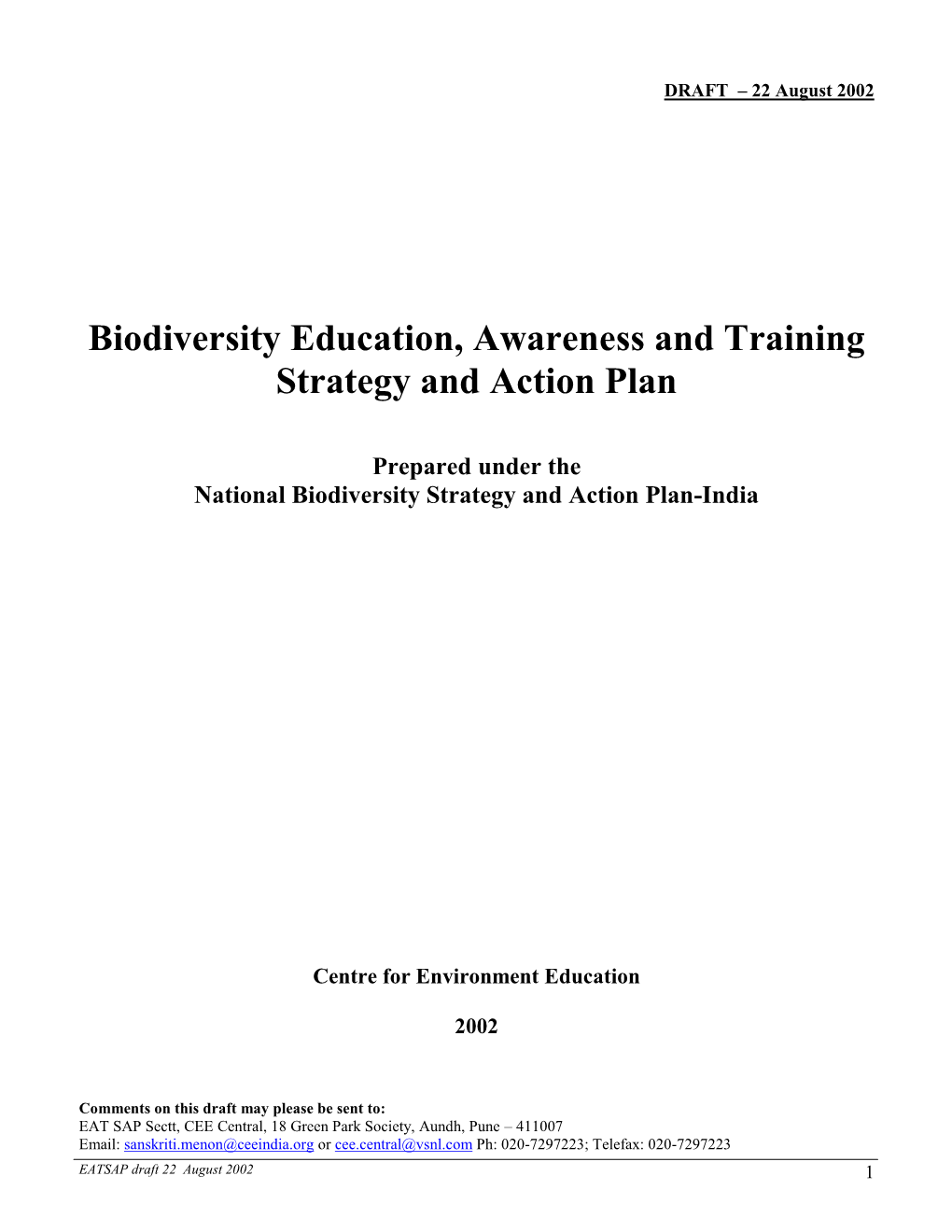 Biodiversity Education, Awareness and Training Strategy and Action Plan