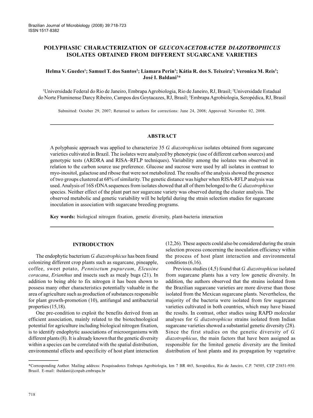 Polyphasic Characterization of Gluconacetobacter Diazotrophicus Isolates Obtained from Different Sugarcane Varieties