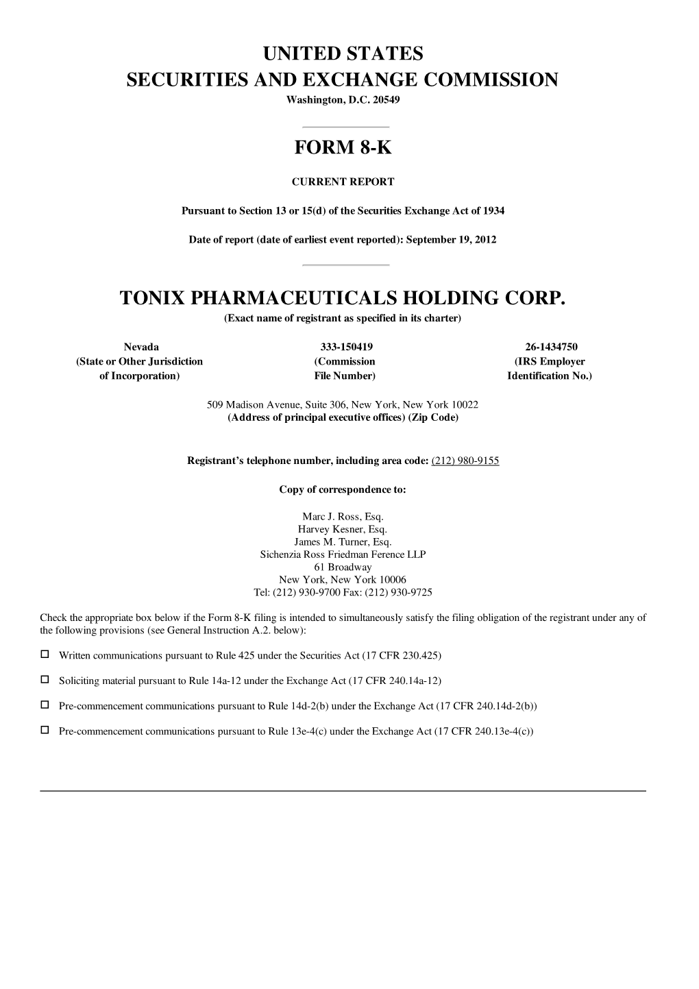 United States Securities and Exchange Commission Form