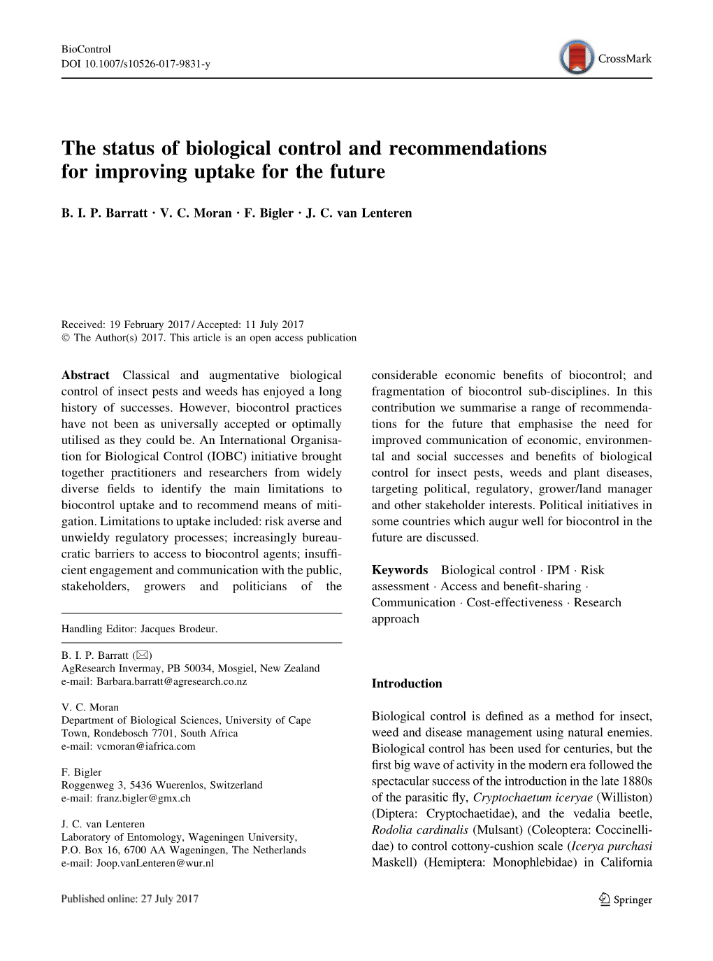 The Status of Biological Control and Recommendations for Improving Uptake for the Future