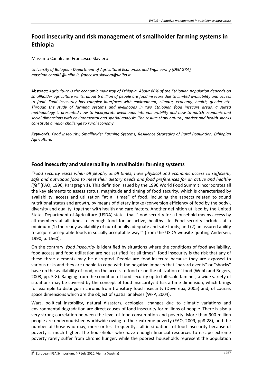 Food Insecurity and Risk Management of Smallholder Farming Systems in Ethiopia