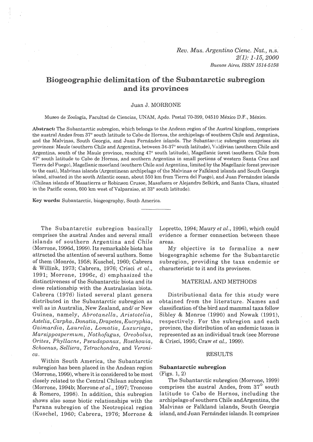 Biogeographic Delimitation of the Subantarctic Subregion and Its Provinces