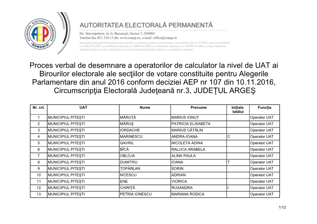 Proces Verbal De Desemnare a Operatorilor De Calculator La Nivel De