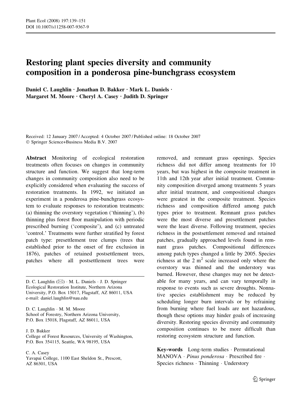 Restoring Plant Species Diversity and Community Composition in a Ponderosa Pine-Bunchgrass Ecosystem