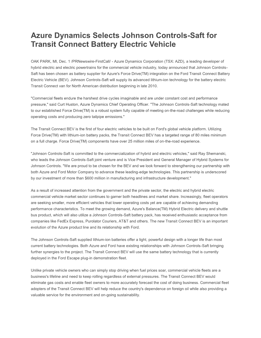 Azure Dynamics Selects Johnson Controls-Saft for Transit Connect Battery Electric Vehicle