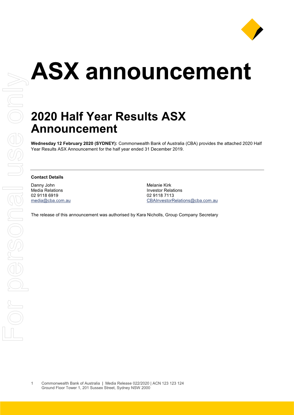 2020 Half Year Results ASX Announcement