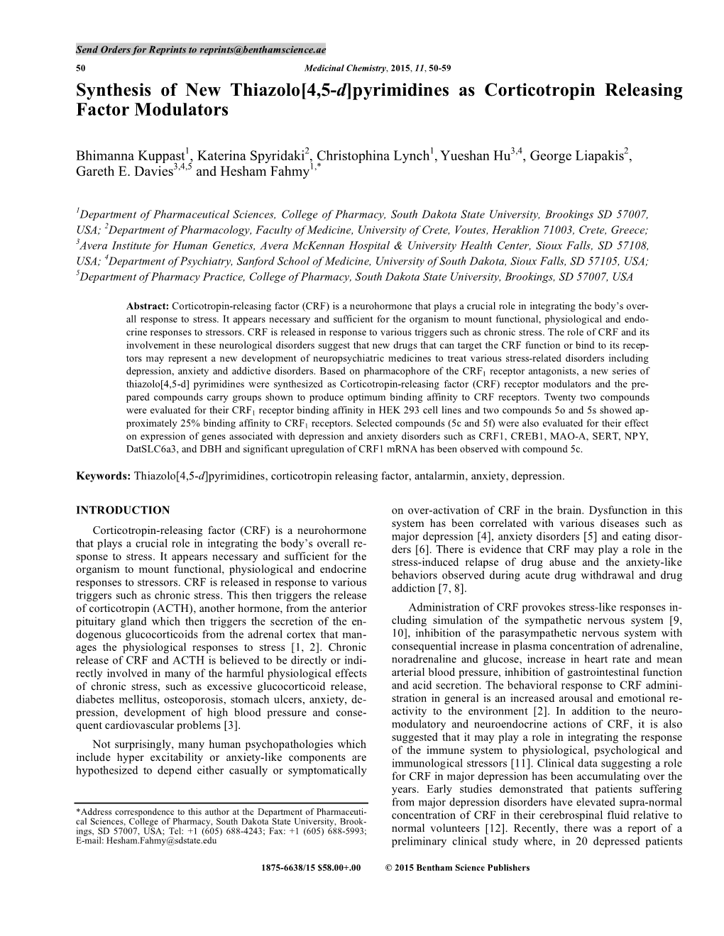 Synthesis of New Thiazolo [4, 5-D] Pyrimidines As Corticotropin