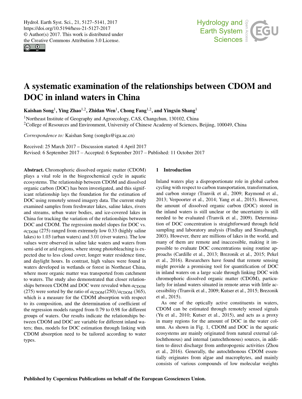 A Systematic Examination of the Relationships Between CDOM and DOC in Inland Waters in China