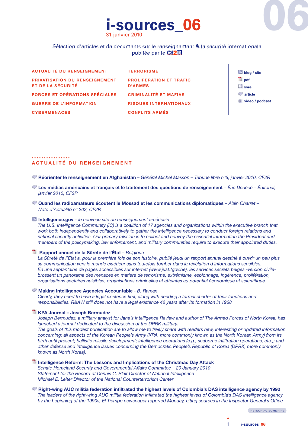 I-Sources 06 31 Janvier 2010 06 Sélection D’Articles Et De Documents Sur Le Renseignement & La Sécurité Internationale Publiée Par Le