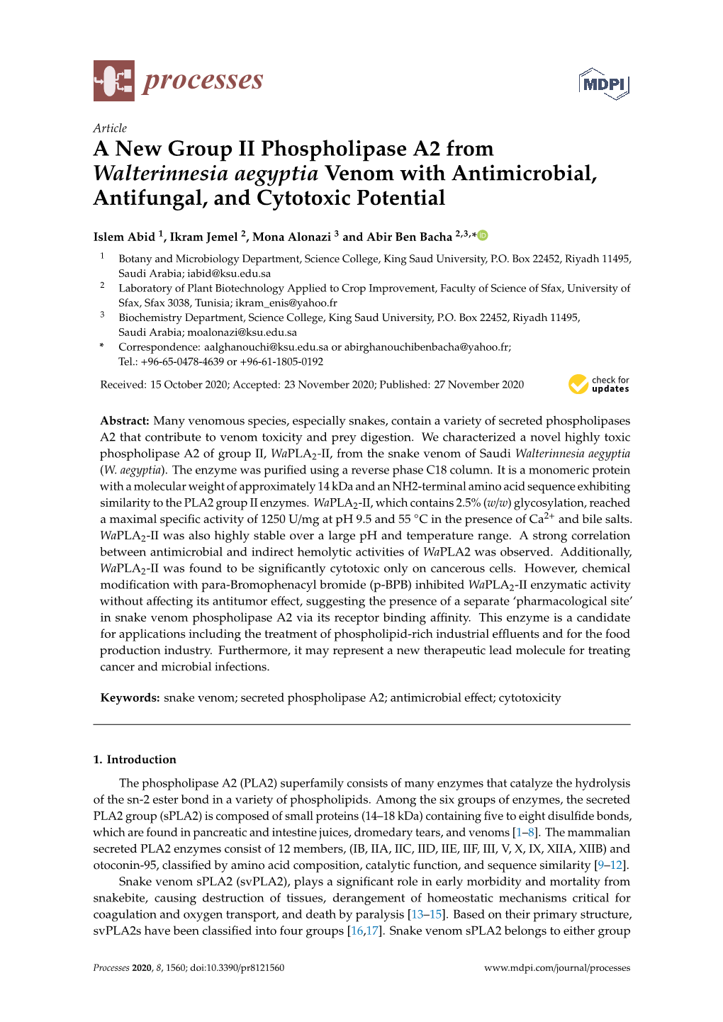 A New Group II Phospholipase A2 from Walterinnesia Aegyptia Venom with Antimicrobial, Antifungal, and Cytotoxic Potential