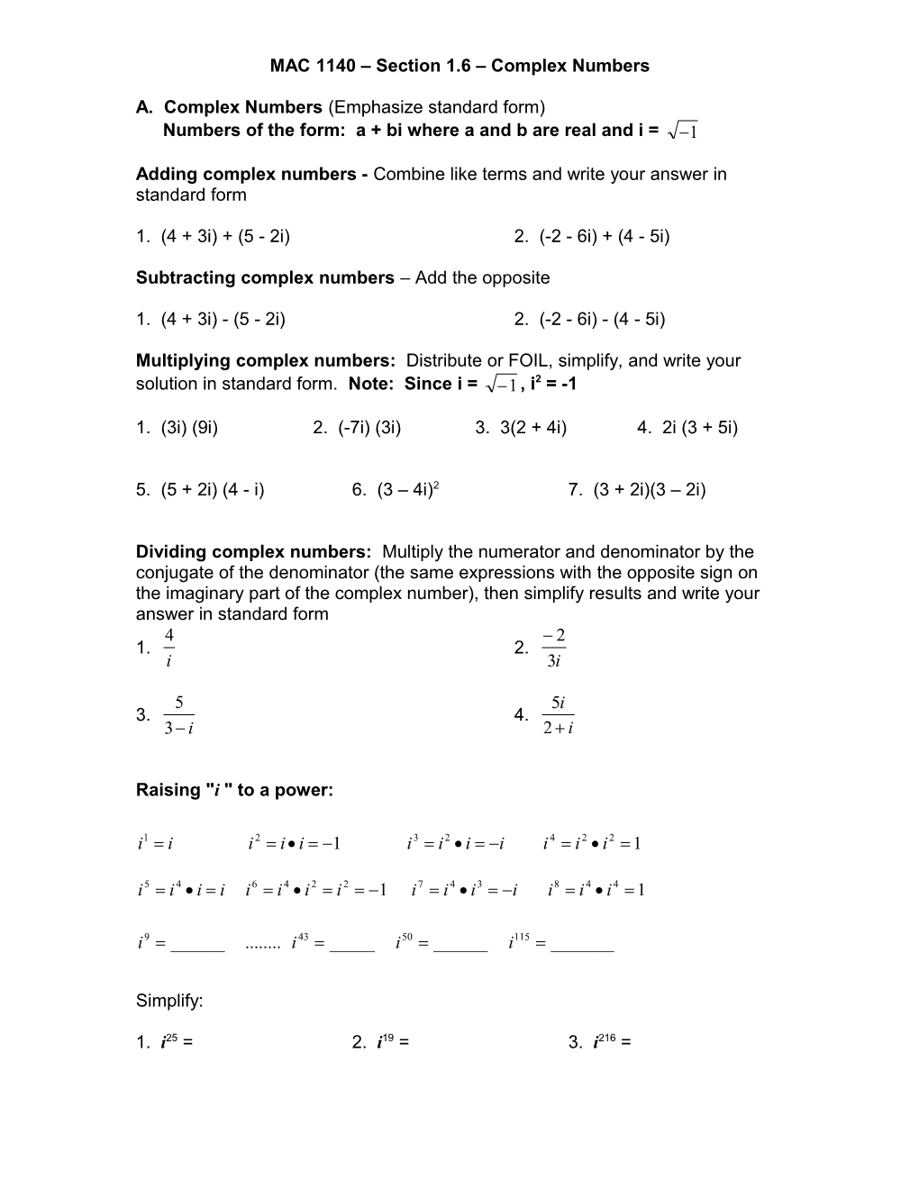 Imaginary & Complex Numbers