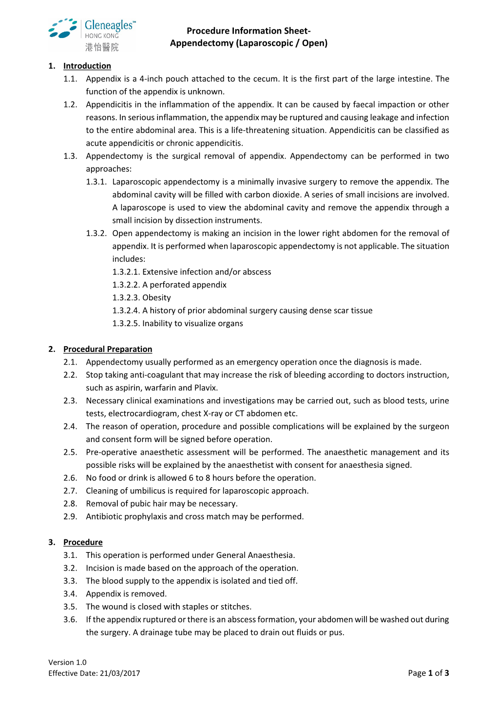 Procedure Information Sheet- Appendectomy (Laparoscopic / Open)