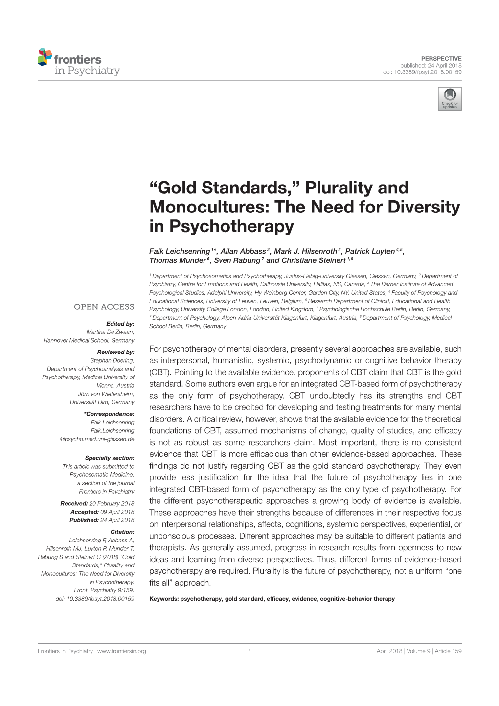 “Gold Standards,” Plurality and Monocultures: the Need for Diversity in Psychotherapy