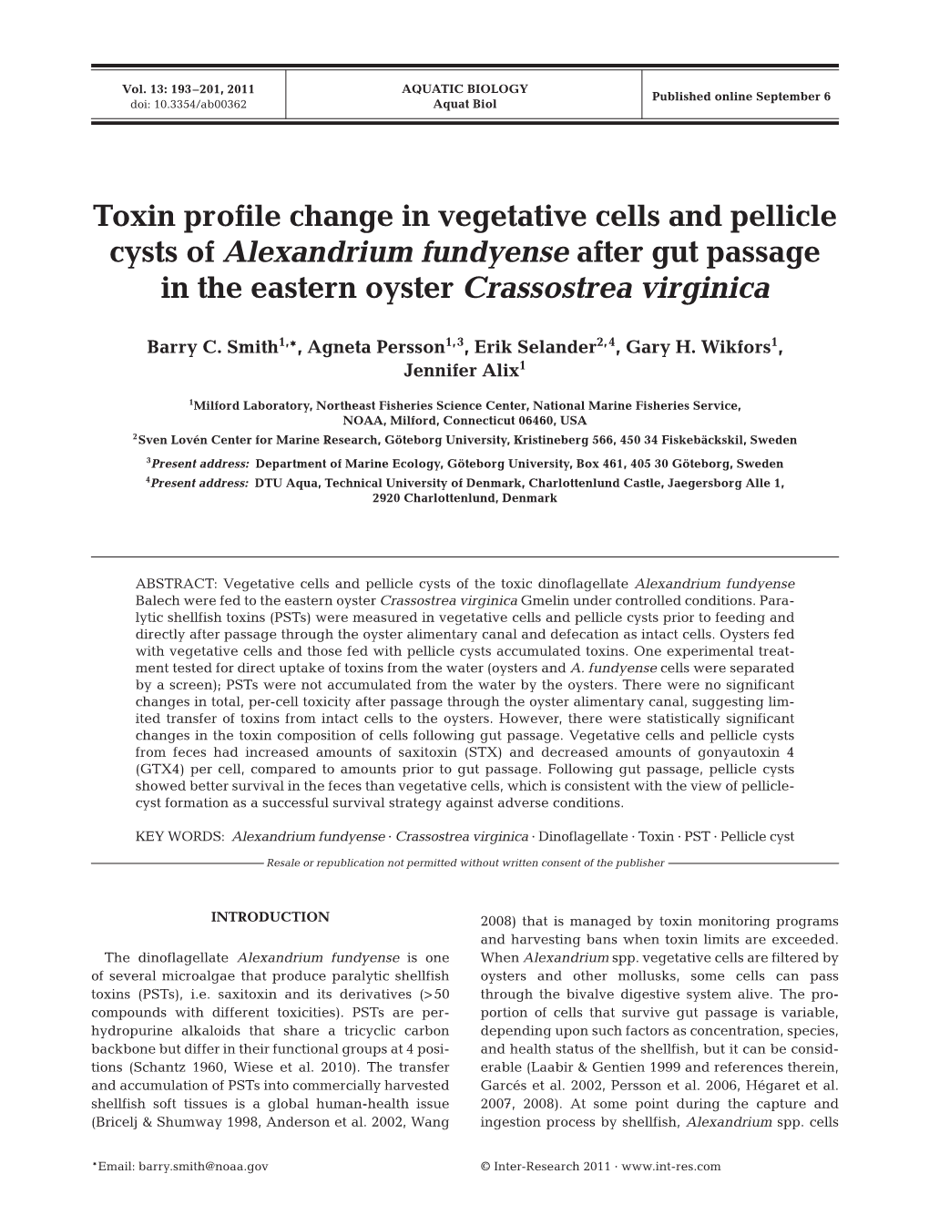 Toxin Profile Change in Vegetative Cells and Pellicle Cysts of Alexandrium Fundyense After Gut Passage in the Eastern Oyster Crassostrea Virginica