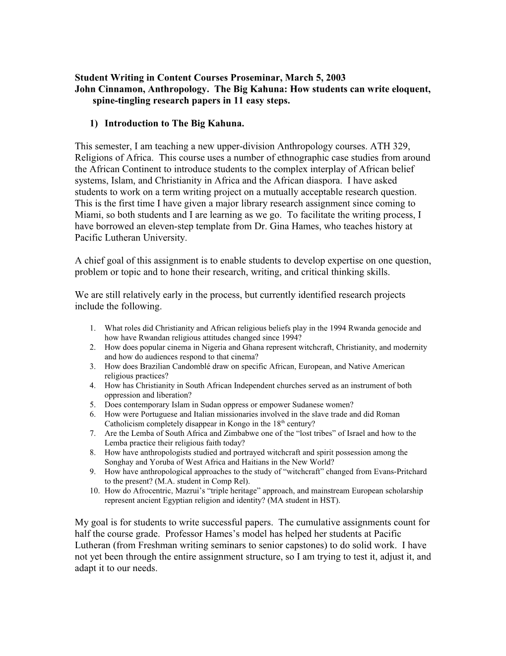 Student Writing in Content Courses Proseminar, March 5, 2003