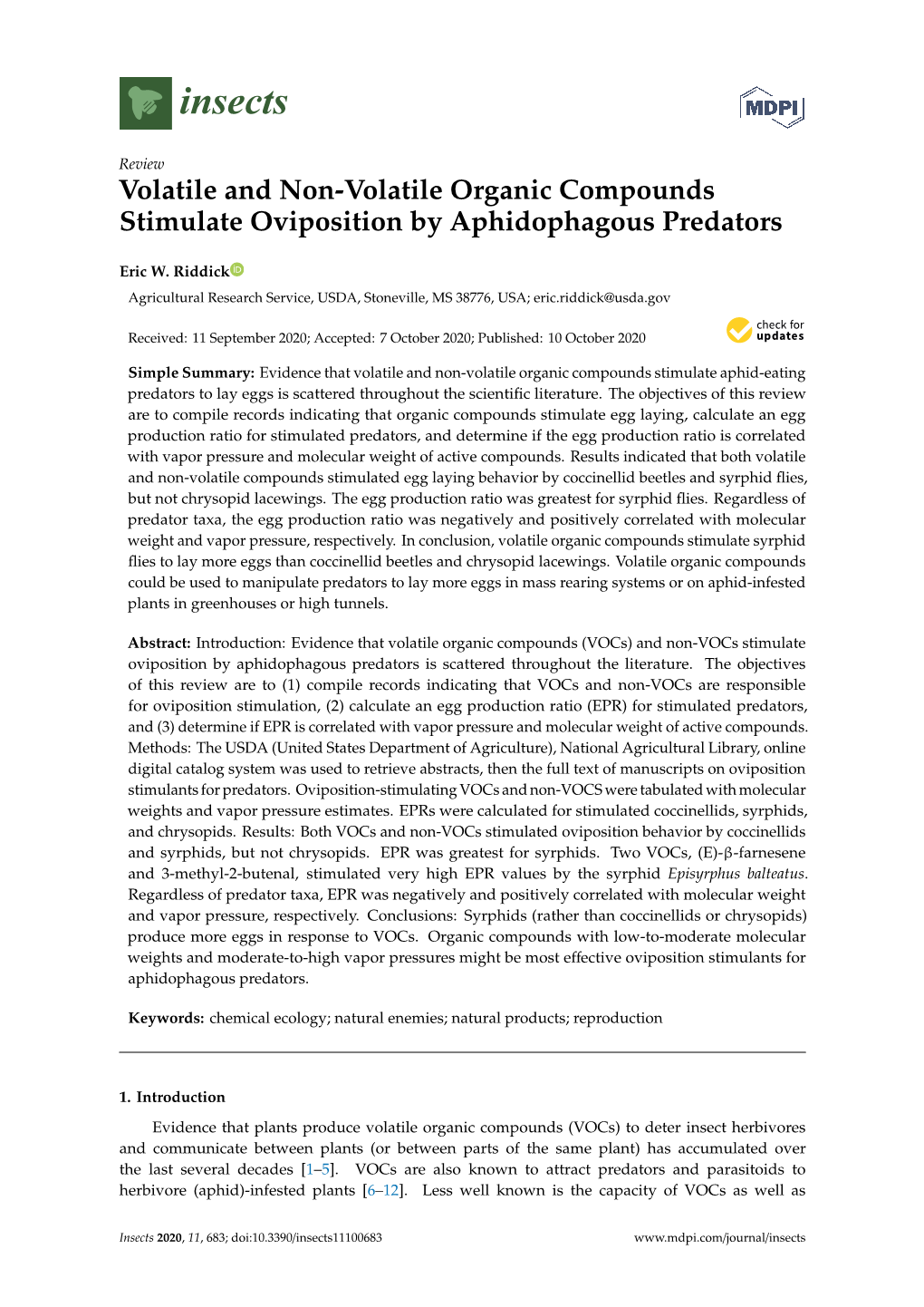 Volatile and Non-Volatile Organic Compounds Stimulate Oviposition by Aphidophagous Predators