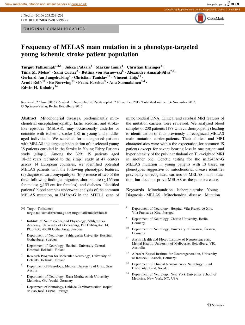 Frequency of MELAS Main Mutation in a Phenotype-Targeted Young Ischemic Stroke Patient Population