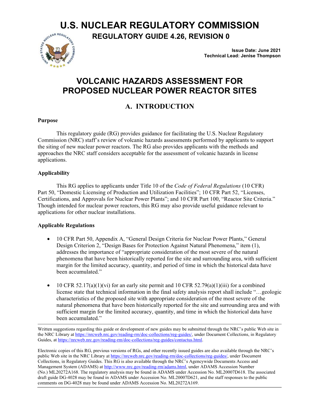 (RG) 4.26, Rev 0, Volcanic Hazards Assessment for Proposed Nuclear