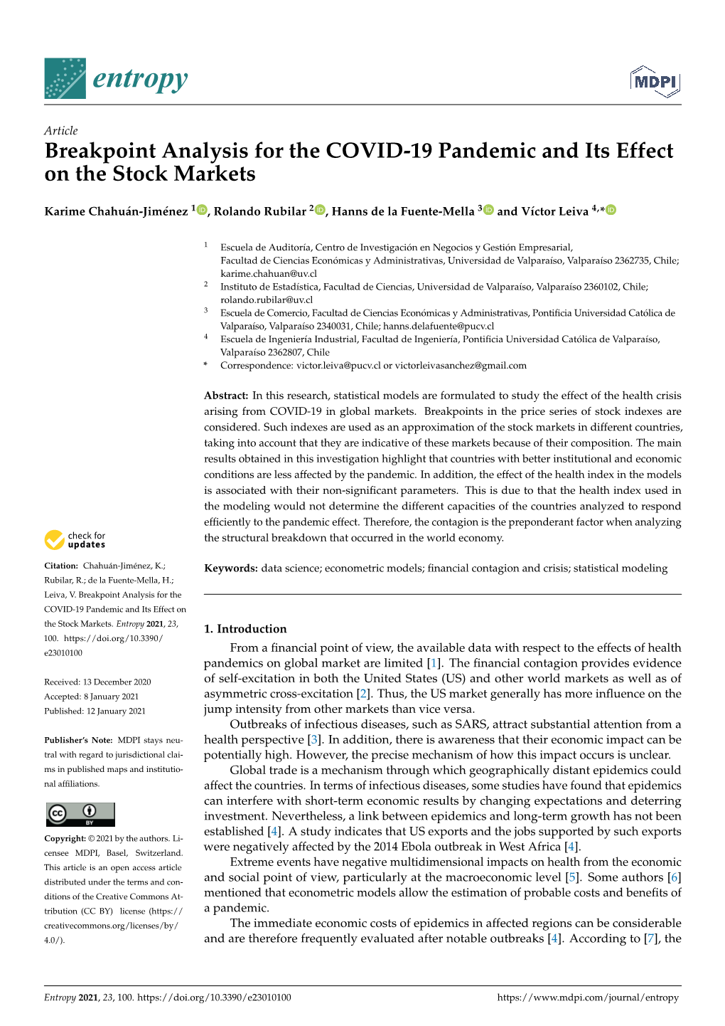 Breakpoint Analysis for the COVID-19 Pandemic and Its Effect on the Stock Markets