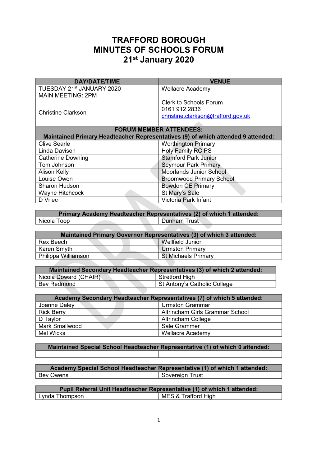 TRAFFORD BOROUGH MINUTES of SCHOOLS FORUM 21St January 2020