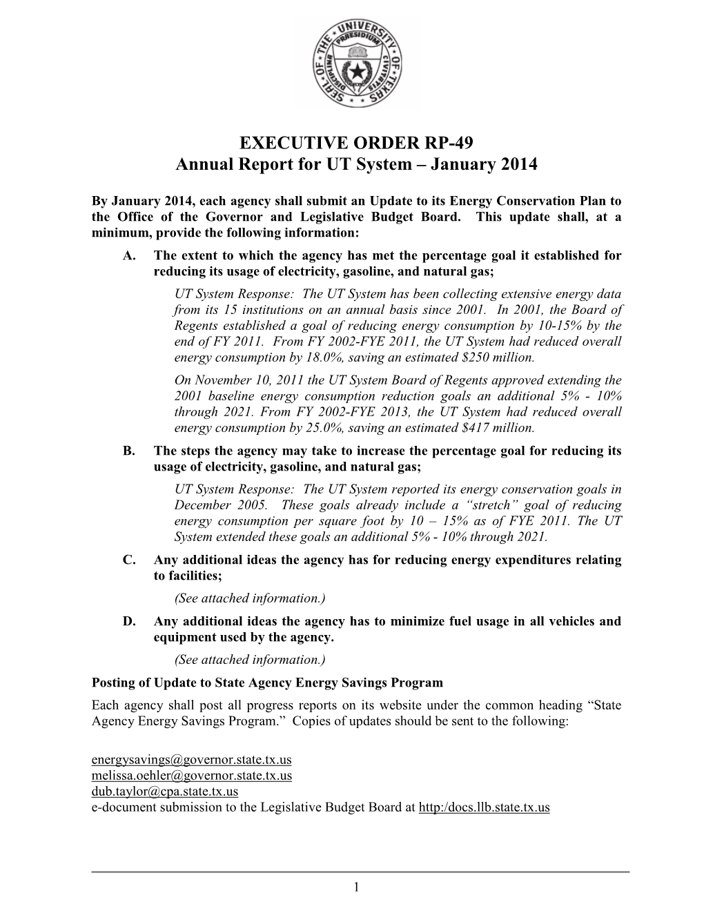 UT System Annual Executive Order RP-49 January 2014