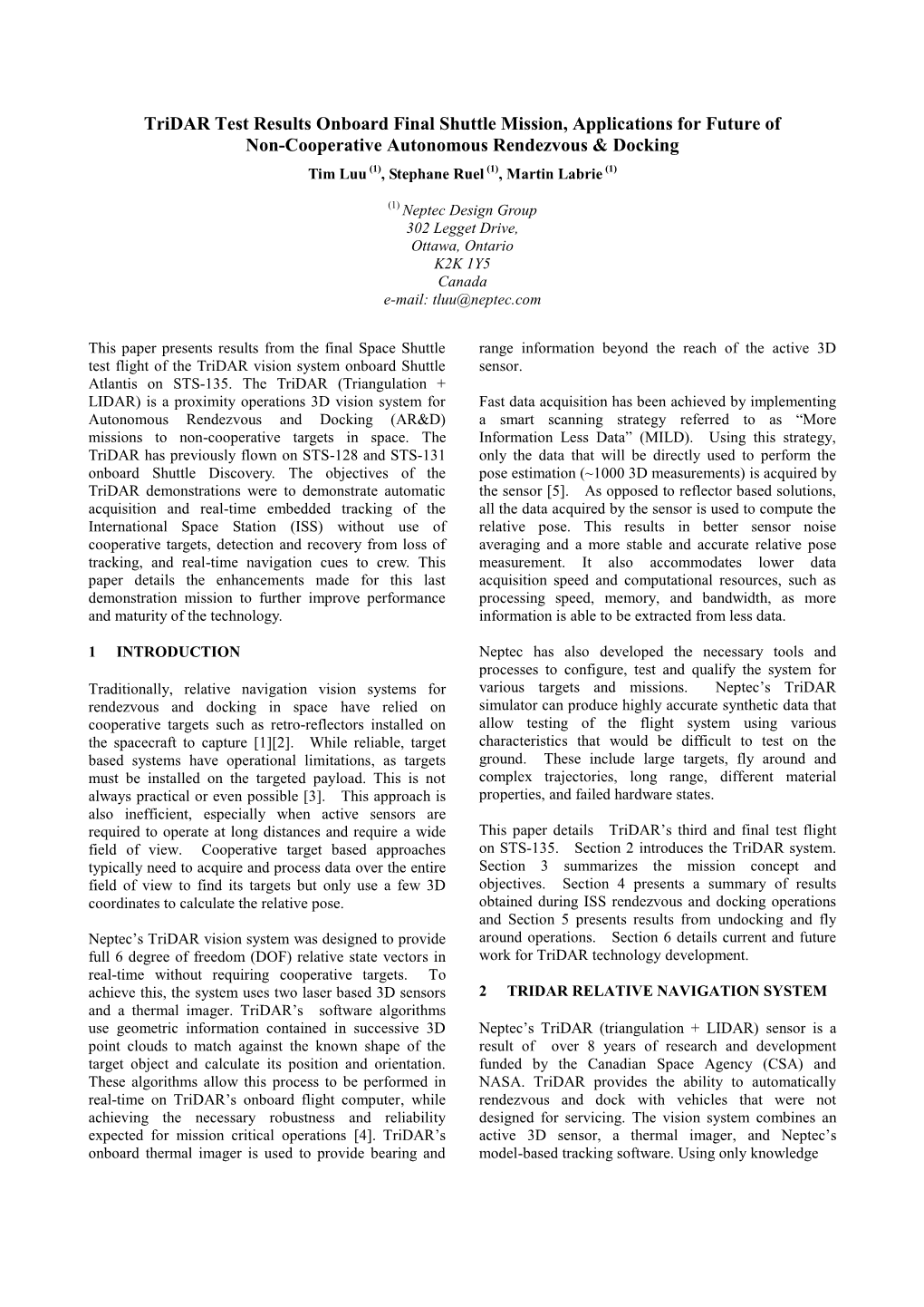 Tridar Test Results Onboard Final Shuttle Mission, Applications For