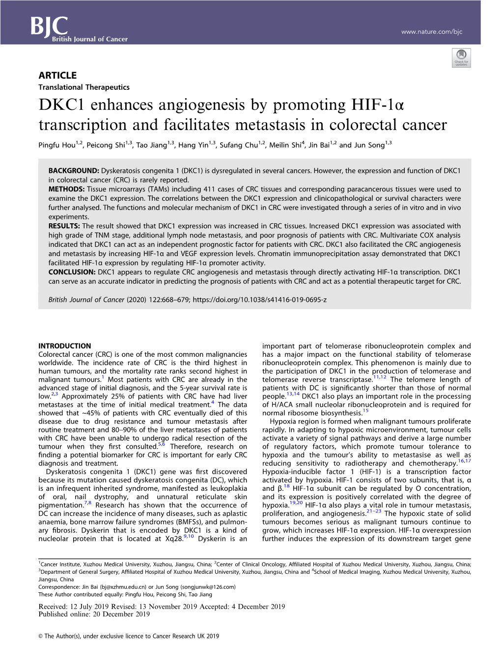 DKC1 Enhances Angiogenesis by Promoting HIF-1Î± Transcription And