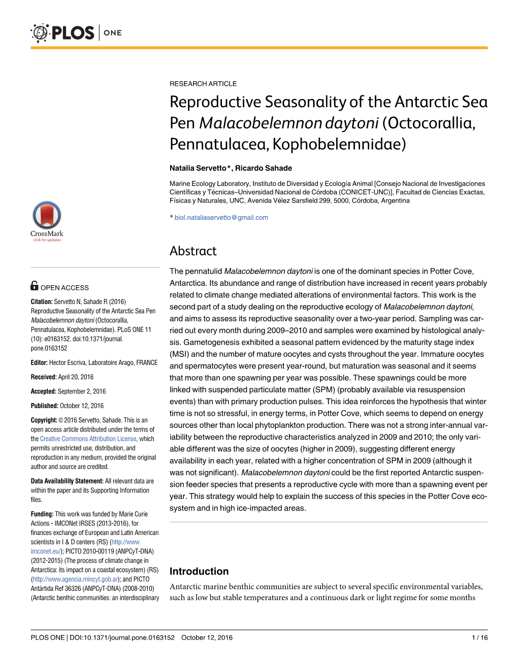 Reproductive Seasonality of the Antarctic Sea Pen Malacobelemnon Daytoni (Octocorallia, Pennatulacea, Kophobelemnidae)