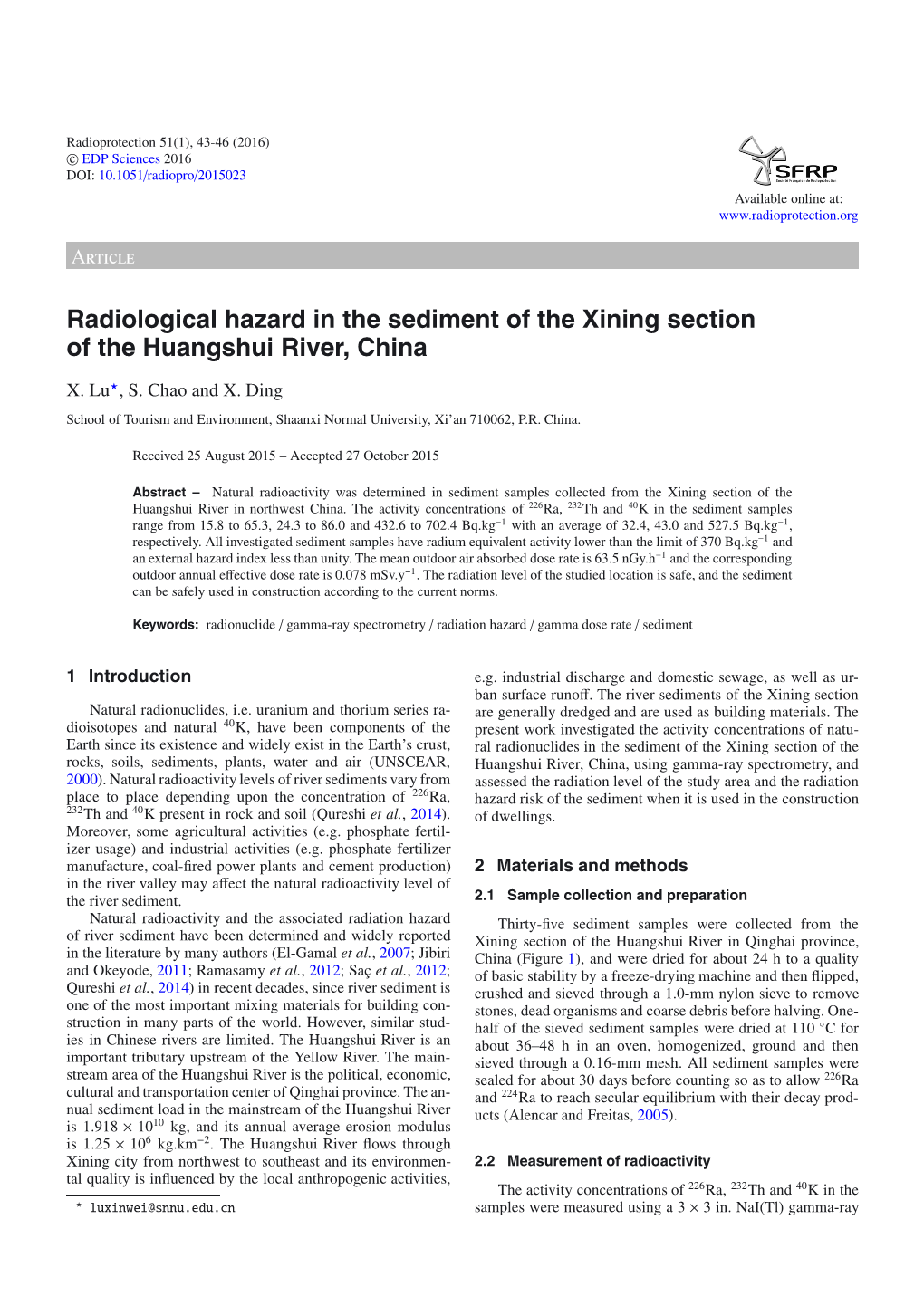 Radiological Hazard in the Sediment of the Xining Section of the Huangshui River, China