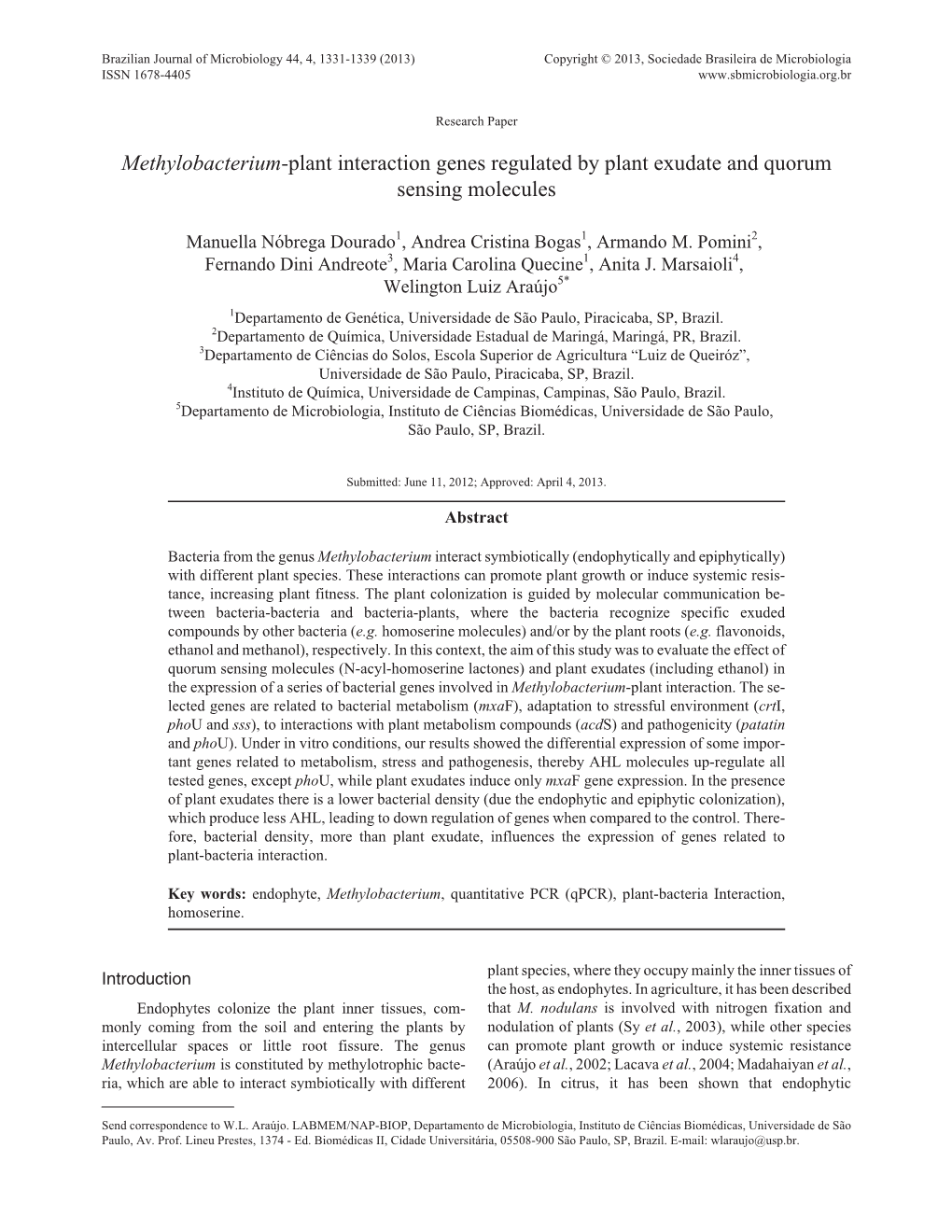 Methylobacterium-Plant Interaction Genes Regulated by Plant Exudate and Quorum Sensing Molecules