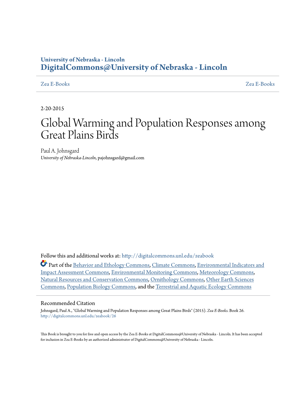 Global Warming and Population Responses Among Great Plains Birds Paul A