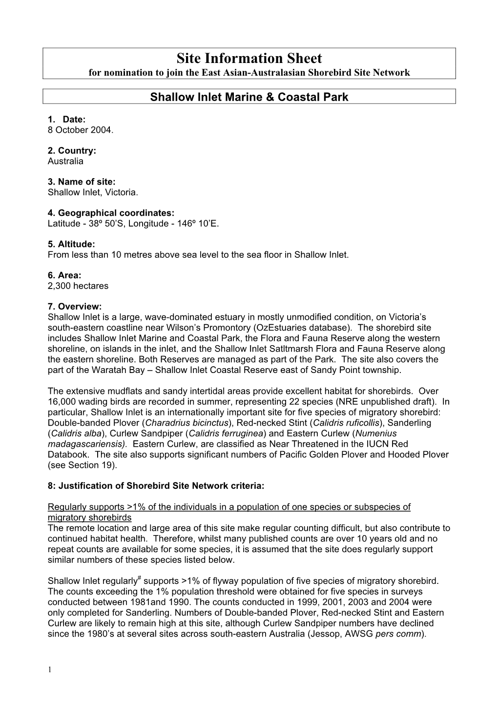 Site Information Sheet for Nomination to Join the East Asian-Australasian Shorebird Site Network