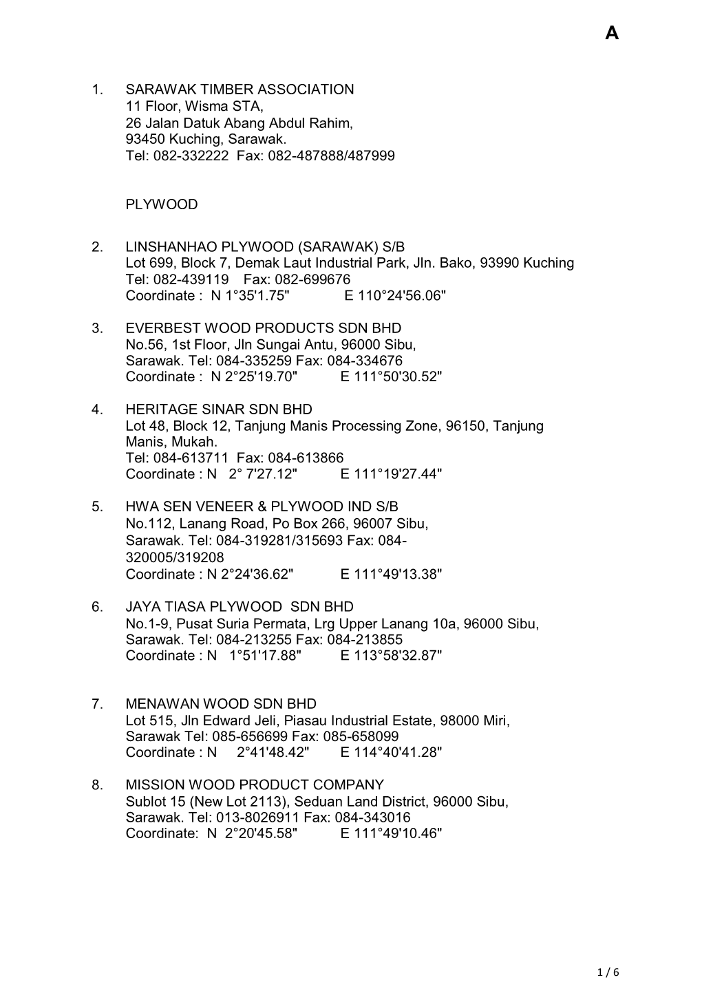1. SARAWAK TIMBER ASSOCIATION 11 Floor, Wisma STA, 26 Jalan Datuk Abang Abdul Rahim, 93450 Kuching, Sarawak