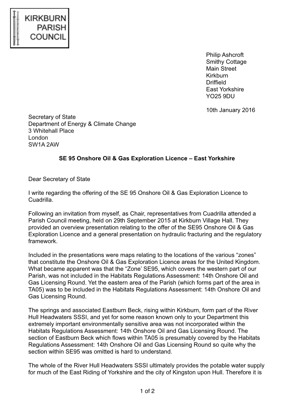 20160110 Letter to DECC SE95 Oil & Gas Licence