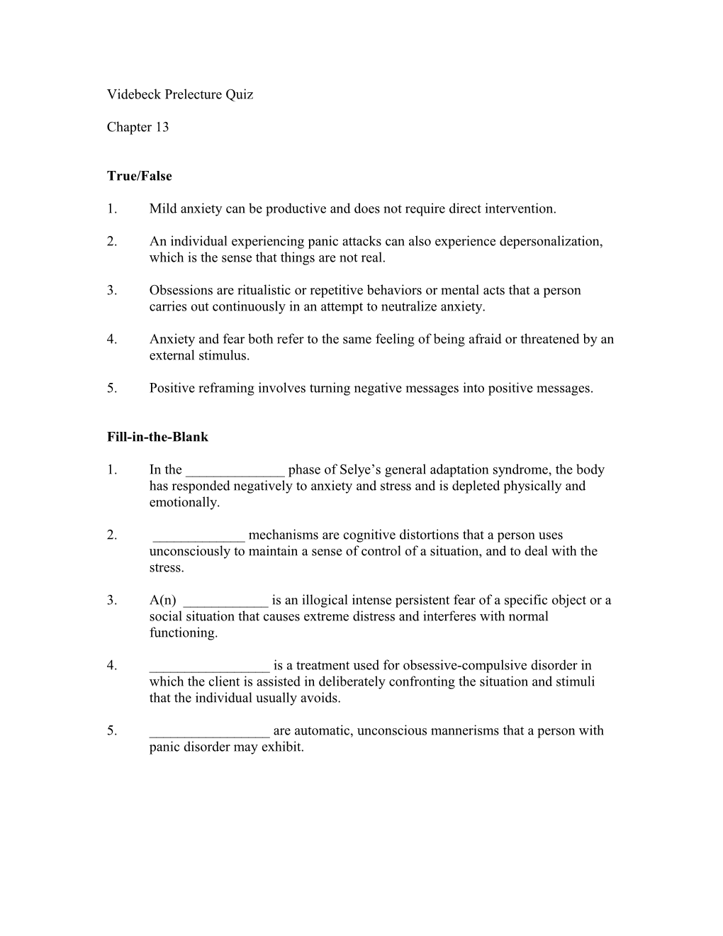 Videbeck Pre Lecture Quiz