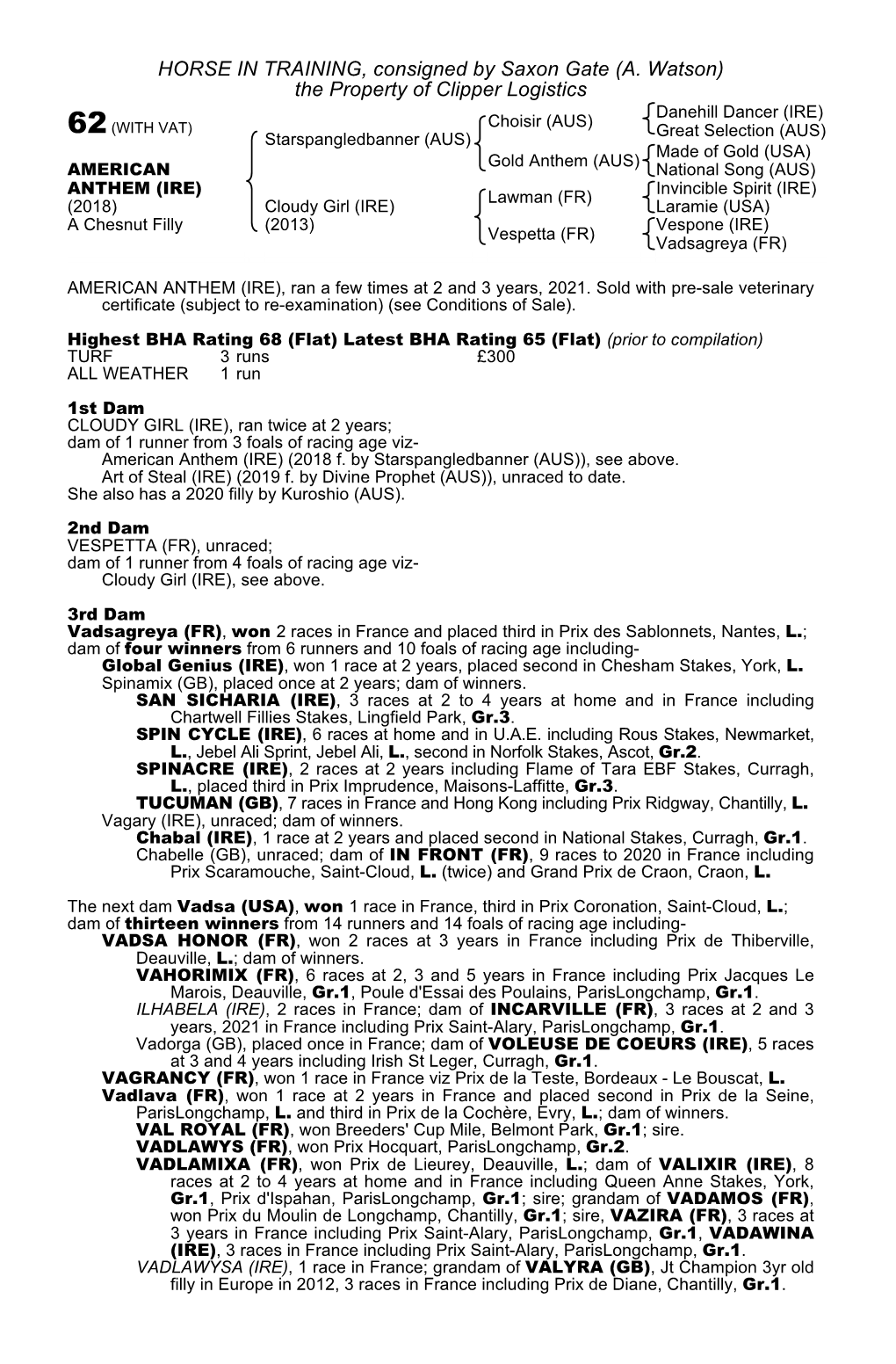 HORSE in TRAINING, Consigned by Saxon Gate (A. Watson) The