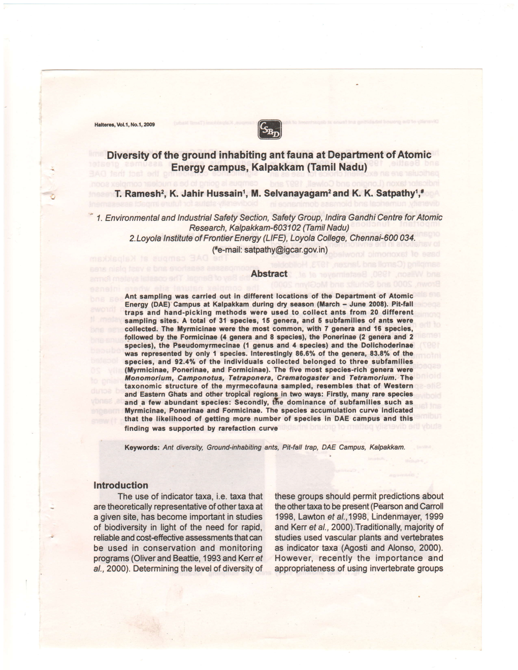 Diversity of the Ground Inhabiting Ant Fauna at Department of Atomic Energy Campus, Kalpakkam (Tamil Nadu)