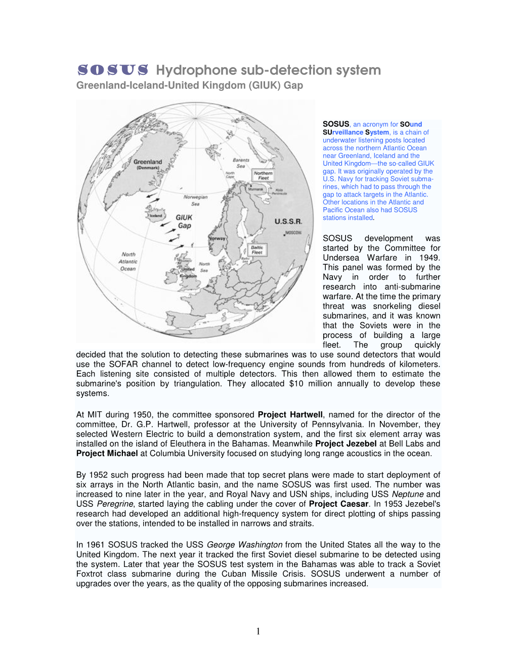 Sosus Hydrophone Sub-Detection System Greenland-Iceland-United Kingdom (GIUK) Gap