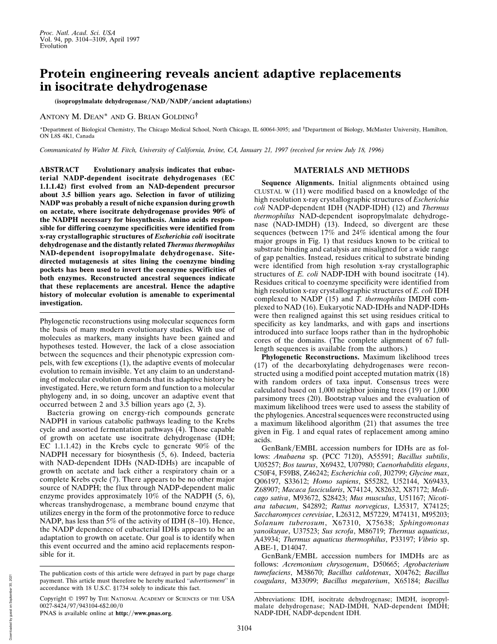 Protein Engineering Reveals Ancient Adaptive Replacements in Isocitrate Dehydrogenase (Isopropylmalate Dehydrogenase͞nad͞nadp͞ancient Adaptations)