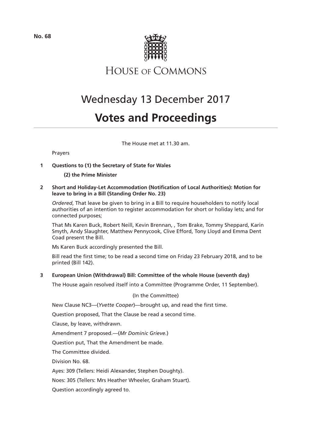 13 December 2017 Votes and Proceedings