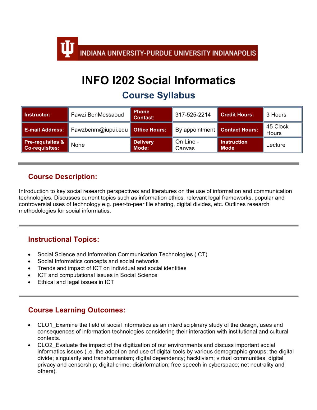 INFO I202 Social Informatics Course Syllabus